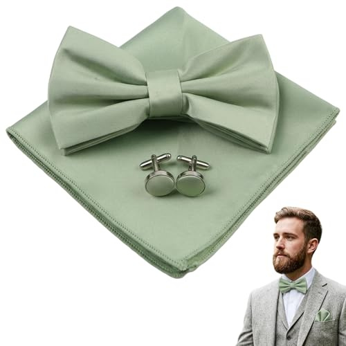 RzuoQnt 3-teiliges Fliege Herren Set - Grüne Fliege aus Seide mit passendem Einstecktuch und Manschettenknöpfen, Elegante Seidenfliege grün für Anzug und Hochzeit