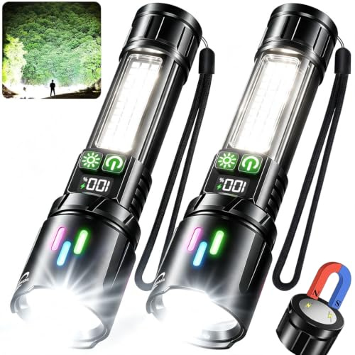 VOPHICHO Taschenlampe LED Aufladbar 2 Stück, 100000LM LED Taschenlampen USB Extrem Hell- 7 Modi& COB-Arbeitsleucht& Rotlicht, Magnet &IP67 Wasserdicht &Taktische Zoombar Flashlight für Camping,Outdoor