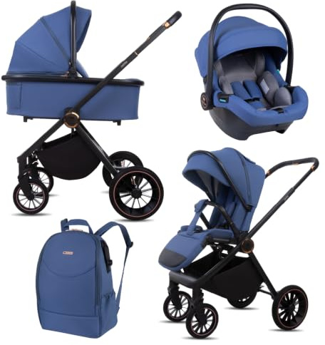 BabyLux® Barnvagn 3-I-1-Set CASTOR, Hopfällbar Lättviktsbarnvagnsset Inkl. Resevagga, Buggy, I-Size Babyautostol, Skötväska Och Fler Tillbehör, 4 Ligglägen (0–4 år), 0–22 kg, UV-Skydd 50+, Ventilation