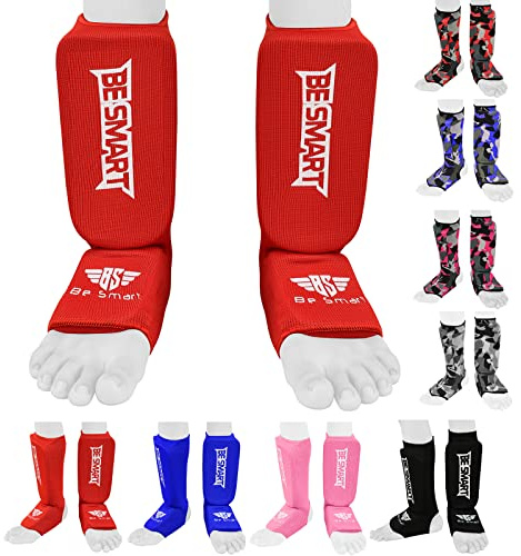 Cuscinetto per stinchi per Bambini Be Smart per MMA, boxe, Muay Thai, kick-boxing - Protezione per tibia e collo del piede, Rosso, XXS (9 a 13 anni)