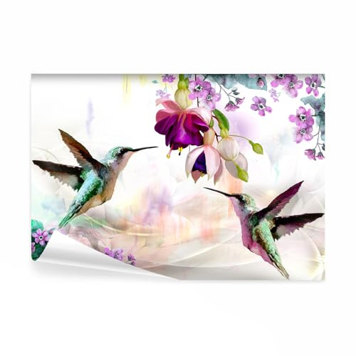 decomonkey Papier Peint Panoramique Fleurs Oiseau 350x256 cm | Décoration murale moderne, Tapisserie décorative pour chambre salon, Fleurs colorées été nature oiseaux