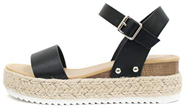 Soda CLIP ~ Women Open Toe Ankle Strap Platform Espadrille Sandal (Black, 8)