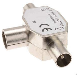 Nartel® TV Aerial Coax Splitter, Metal Housing, 2 Way 1 Female to 2 Male Adapter Connector Joiner