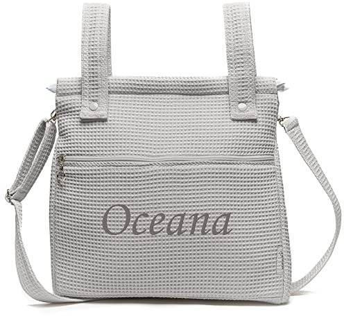 Borda y más Bolsa Panera Para Carrito de Bebé Personalizada – Bolsa Talega para Carrito de Bebé con Nombre - Piqué Waffle - Piqué Gofre - Handmade - Hecho en España - Nenel (Gris)
