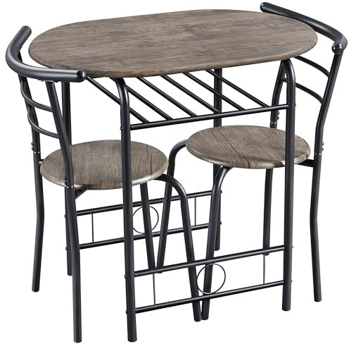 Yaheetech Set Mobili da Bar Tavolo e 2 Sedie Sala da Pranzo Cucina Piccoli Spazi Salvaspazio Balcone per 2 Persone in Legno e Metallo Sedia Portata 136 kg Marrone