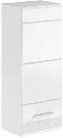 Newroom Hängeschrank Weiß Hochglanz Badschrank Wandschrank Bad modern | Griffleiste, 1 Tür mit 3 Fächern, Rillenfront, Mehrzweckschrank, Hochschrank, für kleine Bäder und Gäste-WC
