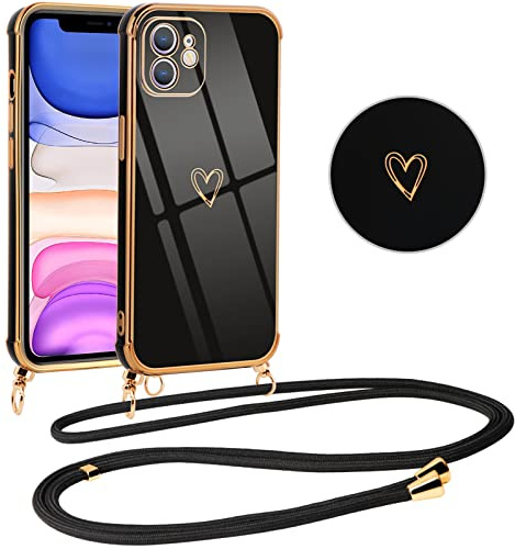 Vauki Coque pour iPhone 11 avec Cordon de Collier, Galvanisé Etui Housse avec Motif Coeur d'amour, Antichoc Anti-Rayures Case avec Bandoulière pour iPhone 11 6.1, Nior