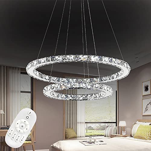 LZQ LED Moderne Kristall Kronleuchter Dimmbar Pendelleuchte Kreative Hängelampe, 2 Ringe Einstellbare Deckenleuchte Kronleuchter für Wohnzimmer Esszimmer (Dimmbar mit Fernsteuerung, 48W)