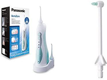 Panasonic Munddusche EW1311 mit Ladestation, 3-stufige Wasserstrahlintensität, abnehmbarer Wassertank, kabellos, Weiß/Mintgrün & Ersatzdüsen WEW0984 für Munddusche