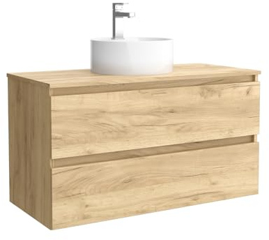 Salgar Mueble de baño Bequia 100 cm con Lavabo 100% montado de fábrica | Acabado Roble suspendido 2 cajones Cierre amortiguado Apertura con uñero | Lavabo sobre encimera