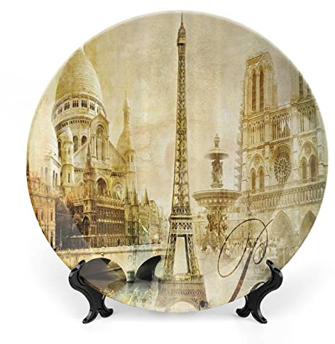 LIGUTARS Decorative Plates, Paris Decor Print Ornament, Antique Landscape Eiffel Tower France Landmarks, 8 Inch, Kitchen Wall Decor, Sepia Yellow