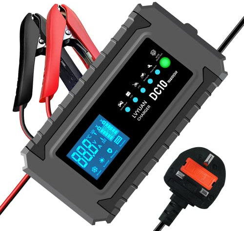 10Amp Car Battery Charger, 12V/24V Smart Fully Automatic Battery Charger with 7-Stage Charging and LCD Screen, Intelligent Charges, Repair, Maintains for AGM, WET & GEL Lead Acid Batteries