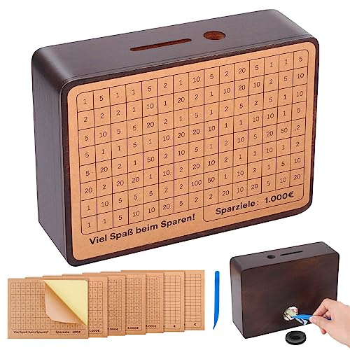 Selizo Spardose Holz,Sparbox mit Zahlen Ankreuzen,Sparbox,Spardose mit Ziel ,Sparschwein mit Sparziel,Wiederverwendbare Spardose €500 €1,000 €2,000 €3,000 €5,000 Keine Montage erforderlich