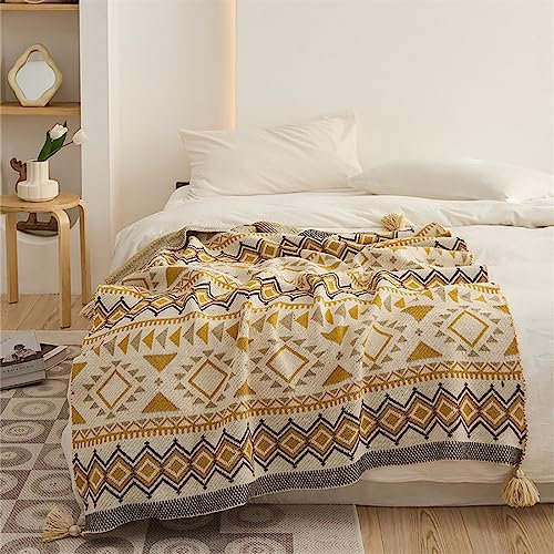 Menkala Kuscheldecke Boho Decke Wohndecke Gestrickt Sofadecke Tagesdecke Picknickdecke Leichte Sommerdecke Sofa Überwurfdecke Couchdecke Strickdecke Reisedecke Blanket mit Fransen Gelb 100x150 cm