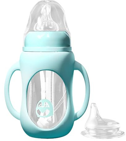 EACHPT Biberon 2 in 1 in vetro e tazza con beccuccio, 240 ml, senza BPA, anti-coliche, con cannuccia a becco d'anatra, per bambini da 1 mese in su