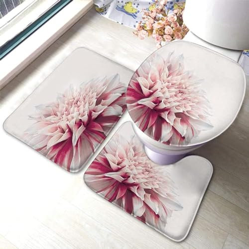 Set 3 Teilig Badvorleger Nahaufnahme Einer Dahlie Mit Roten Und Weißen Blütenblättern, Einer Einzigen Großen Blume 3-Teiliges Badteppich-Set Dekorative Badematte 3-TLG, Für Badezimmer