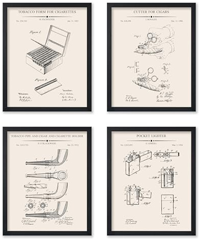 Poster Master 4-Piece Cigarette Blueprint Poster - Tobacco Patent Print - Cigar Cutter Art - Tobacco Pipe Illustration - Lighter Design - Technical Drawing - Bar or Man Cave Decor - 11x14 UNFRAMED