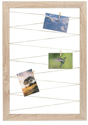 CLAMARO Neo Collage Bilderrahmen mit Fotoleine, 45x65 cm, Eiche Sonoma | 20 Holzklammern, Jutekordel, MDF-Rahmen 38 mm breit, Metall-Wandhalterung, ideal als Fotocollage oder Galeriewand
