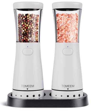 Lot de 2 moulins à sel et poivre électriques en acier inoxydable (rechargeables, éclairage LED, avec broyeur en céramique réglable, brosse de nettoyage) Moulin à épices électrique réglable Blanc