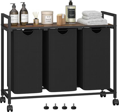 Homedawn Laundry Hamper, Laundry Basket, Laundry Sorter with 3 Pull-Out and Removable Bags, Shelf, Laundry Room Storage with Table, for Bathroom, Bedroom, 3 x 11.5 Gal (43.4L), Rustic Brown