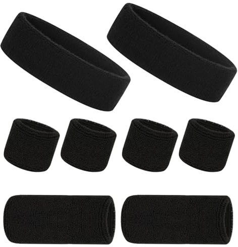 8PCS Sweatband Set, Black 2 x Sport Headbands and 6 x Wristbands, Elastic Wrist Sweat Bands for Men Women Kids for Gym Exercise Tennis Basketball Football Running Moisture Wicking
