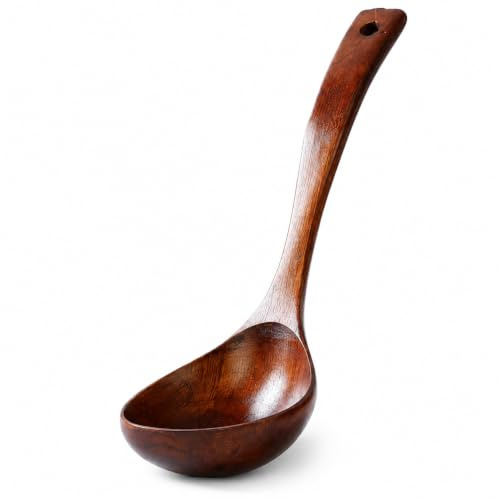 Natural Wooden Ladle with Long Handle, Wooden Soup Spoon for Cooking and Serving, Kitchen Utensil with Hanging Hole for Soup, Stew and Sauces