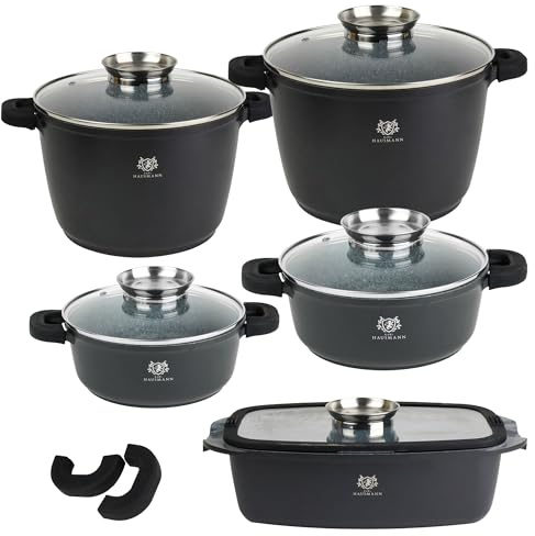 KARL HAUSMANN Topfset Induktion Schwarz 5-Teilig - 2.3+4.5+5.5+6.2+10L - Kochtopf Set Beschichtet - Aluguss Töpfe mit Deckel - Antihaft Topf Beschichtete Für alle Herdarten - Kochtopfset - Schmortopf