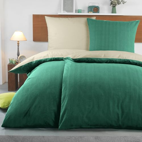 BaSaTex Bettwäsche Set, 4-TLG., 2X 135x200 + 2X 80x80, Dunkelgrün Natur | Biber, Uni, Bettbezug Kissenbezug, kuschelige warme Winter Flausch Bettgarnitur