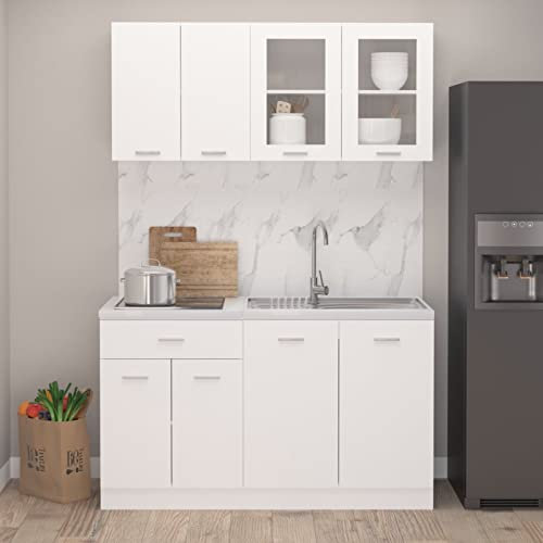 Cinyiqo Ensemble de Meubles de Cuisine 4 pcs Blanc Aggloméré,Meuble Four Et Micro Ondes,Olonne Four Encastrable