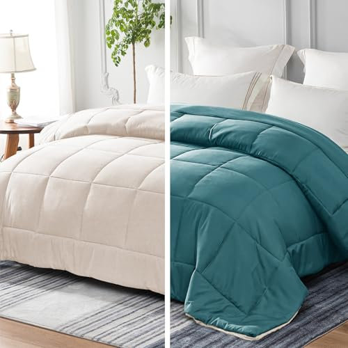 Whale Flotilla Couette 220 x 240 cm, 300 GSM en Microfibre, Douce et Respirante pour lit 2 Personnes, Couette Matelassée pour Les 4 Saisons, Bleu Vert/Beige