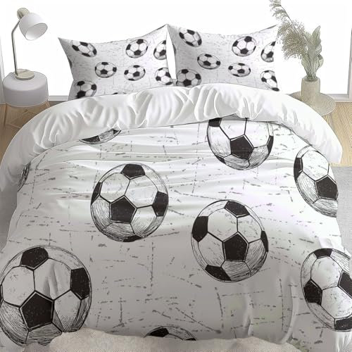 Srigzcaly Weiß Bettwäsche 135 x 200 cm 3tlg, 2 Kissenbezüge 80x80 - Fußball Design Wendebettwäsche - Weiche Mikrofaser Bettbezug mit Reißverschluss, Schlafzimmer Deko & Geschenke