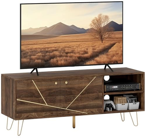 HOMCOM TV Stand Cabinet for up to 60 Inch TV, Modern 130cm TV Unit with Adjustable Shelves and Hairpin Legs, Double Door TV Cabinet for Living Room Furniture, Bedroom, Brown