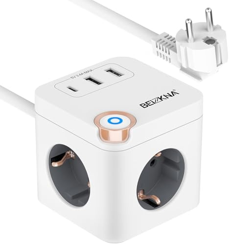 Steckdosenwürfel USB C Mehrfachsteckdose Steckdosenleiste 3-Fach Steckerleiste Überspannungsschutz Steckdose Mehrfachstecker Cube Würfel Steckdosen mit Schalter für Büro Hause 1.5M Kabel, Weiß