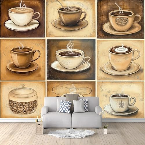 Fototapete Einfach Cartoon Kaffee Vlies Tapete 300 x 210 cm 3D Effekt Wandbild Wandtapete Moderne Wohnzimmer Mural Schlafzimmer Kinderzimmer Wand Küchentapete Wandtapete Hellbraun