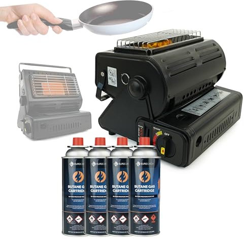 Eurocatch Calefactor de gas - Incl. 4 Bombonas de gas - Estufa - Calentador de patio - Calentador Portátil - Ajustable - Butane