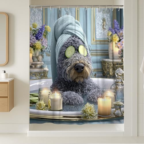 Adorable cortina de ducha para perro, perro de felpa gris con estética de spa, decoración relajante para el hogar para los amantes de los animales, bonitos detalles de baño elegantes, cortina de tela