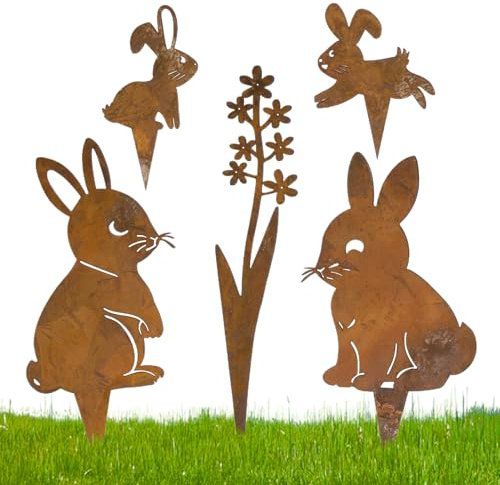 Decoración de patio de conejo, estacas de jardín de metal para Pascua, decoraciones de animales al aire libre, suministros de césped multiusos para entrada, paisaje, patio, adornos de césped temáticos