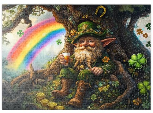 MyPuzzle Joyeux Lutin avec des Pièces d'or Et Un Arc-en-Ciel dans La Forêt Enchantée - Premium 500 Pièces Puzzle - Collection spéciale MyPuzzle de Puzzle Galaxy
