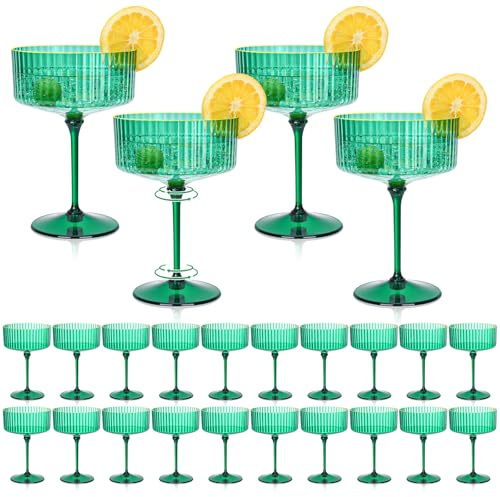 24 PCS Plastic Champagne Coupe Cup 10oz Detachable Gold Rim Martini Glass Green Ribbed Coupe Glasses Vintage Margarita Glassware Disposable Cocktail Glasses with Stem for Valentine's Day Christmas