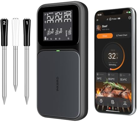 INKBIRD Meat Thermometer with Multi-sensor Probes, Wireless Meat Thermometer Probe,NIST Accredited Accuracy, AI Real-time Calibration, Smart Food Temperature Probe for BBQ Grill Oven Smoker INT-33-BW