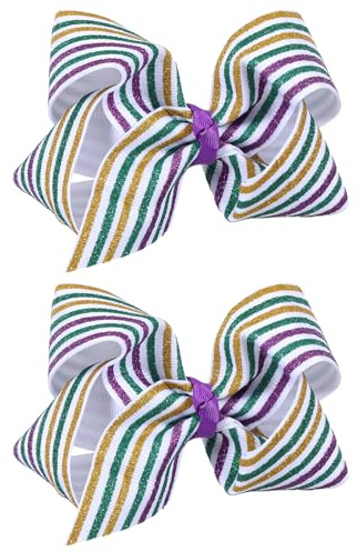 4.3 Glitter Mardi Gras Hair Bows Clip 2pc Purple Gold Green Stripe Ribbon Cheer Alligator Clip Headwear for Girl Women Fleur De Lis Parades Masquerade Party Accessory Gift