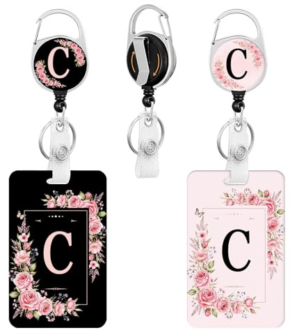 2 Pack A-Z Buchstaben Ausweishalter mit abnehmbarem Umhängeband und einziehbarem Clip,Schwer Belastbar für Büro und Schule, Ausziehbarer ID-Halter mit Schlüsselanhänger. (C)