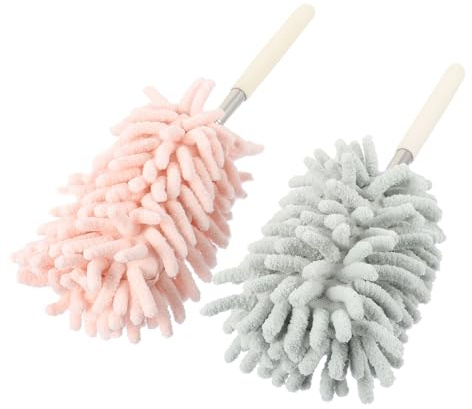 NIYANGLE Lot de 2 Plumeaux en Microfibre Chenille Extensibles Verts et Roses, Têtes Flexibles Anti-poussière Électrostatiques, Brosses Pliables pour Nettoyage Maison, Voiture et Meubles,