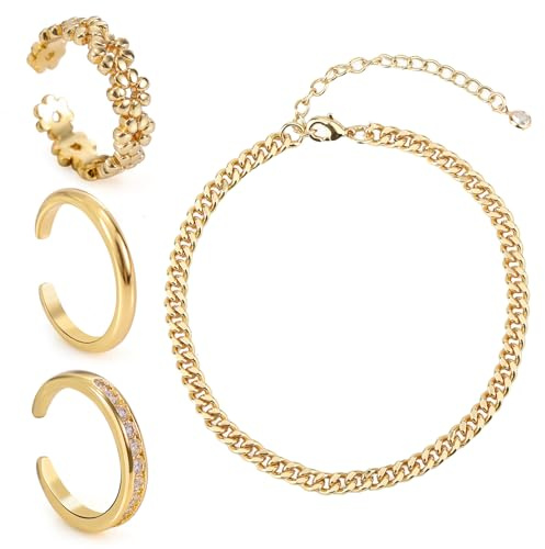 Mikovivi Set di 3 Anelli per le Dita Dei Piedi Color Oro Catenina Alla Caviglia, Anelli Dita Regolabili con Fascia Aperta Design a Fiore e Diamanti Set di Gioielli Minimalisti i Piedi da Spiaggia per