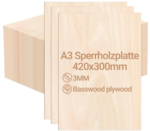 Peviasot Plywoodskiva 3 mm, 420 x 300 mm, 50 stycken lindträskiva, snitt efter pysselträ, för modellbygge, lasergravering, trä, brinnande målning, gör-det-själv oljemålning