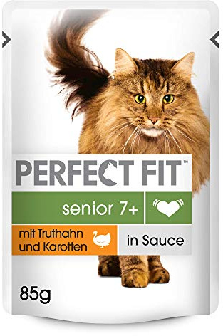 Perfect Fit Katzenfutter Nassfutter Senior 7+ mit Truthahn und Karotten in Sauce, 12 Portionsbeutel (12 x 85g)