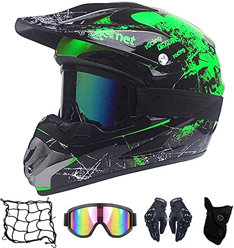 MRDEER Motocross Helm Adult Unisex Off Road Helm mit Handschuhe Maske Brille, D.O.T-Zertifizierung Motorradhelm Cross Helme Schutzhelm ATV Helm für Männer Damen Sicherheit Schutz,Grün Schwarz,S