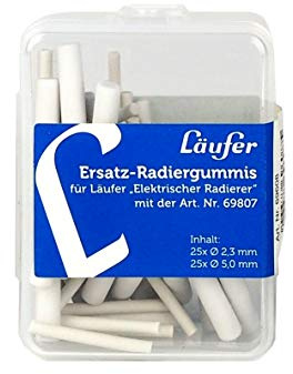 Läufer 69608 Ersatzradierer in 2 Größen für Elektrischer Radiergummi, 25 Stück Ø 2,3 mm und 25 Stück Ø 5 mm, wiederverschließbare Box, für batteriebetriebenen Läufer Radierstift