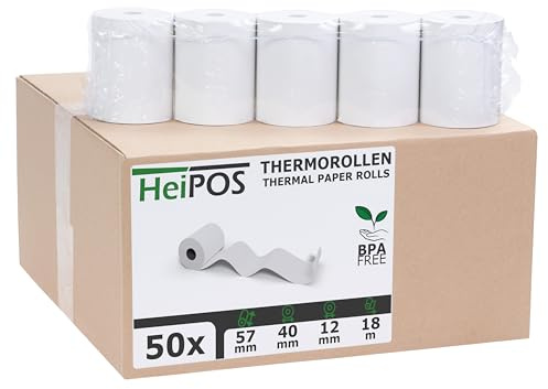 HeiGroup HeiPOS 50x Thermorollen 57mm x 18m x 12mm (Ø 40mm) - Kassenrollen für CCV, REA Card, Telecash & stationäre EC-Terminals - BPA-frei EC Rollen