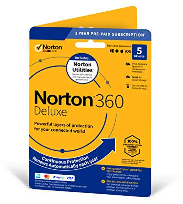 Norton 360 Deluxe 2021, Antivirus Software For 5 Devices and Utilities, 1-year Subscription with Automatic Renewal, Includes VPN and Password Manager, PC/Mac/iOS/Android, Activation Code by Post